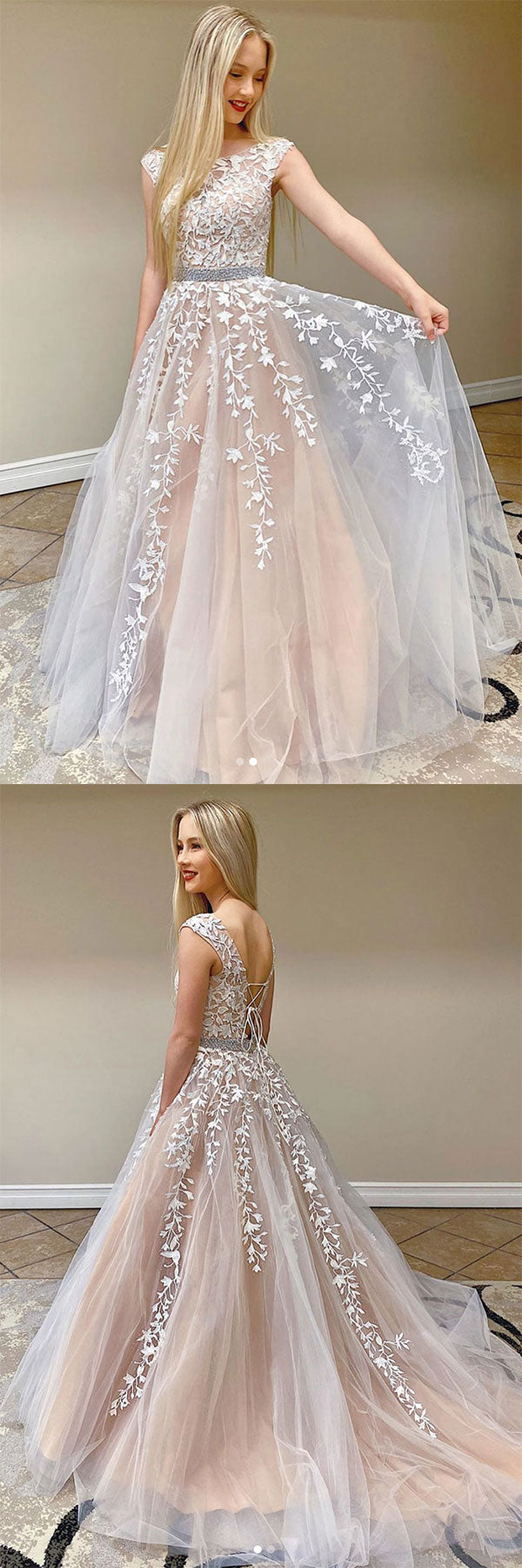 Champagne Prom Dress Tulle Lace Long Evening Dress