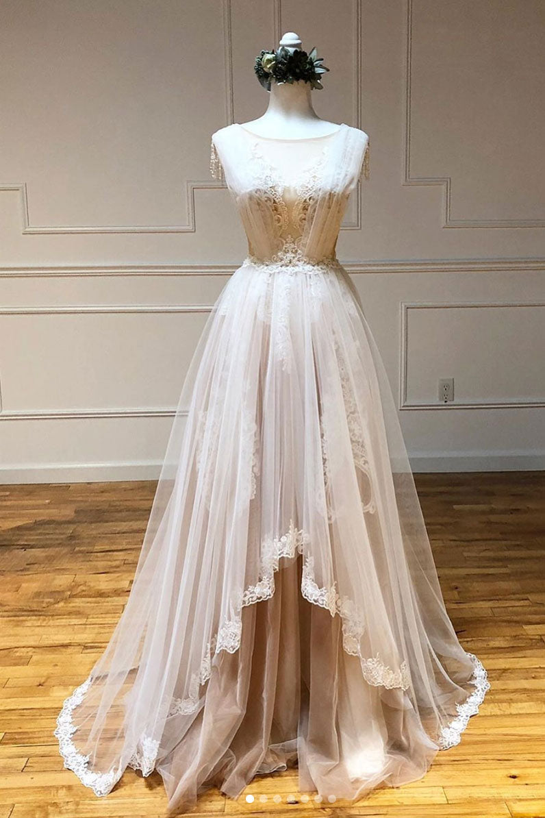 Champagne Prom Dress Tulle Lace Long Evening Dress