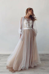 Champagne Prom Dress Tulle Lace Long Evening Dress
