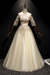 Champagne Prom Dress Tulle Lace Long Evening Dress