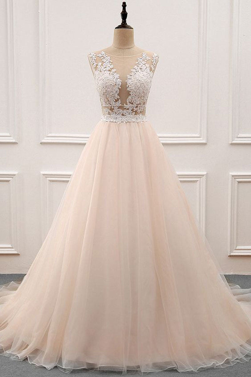 Champagne Prom Dress Tulle Lace Long Evening Dress