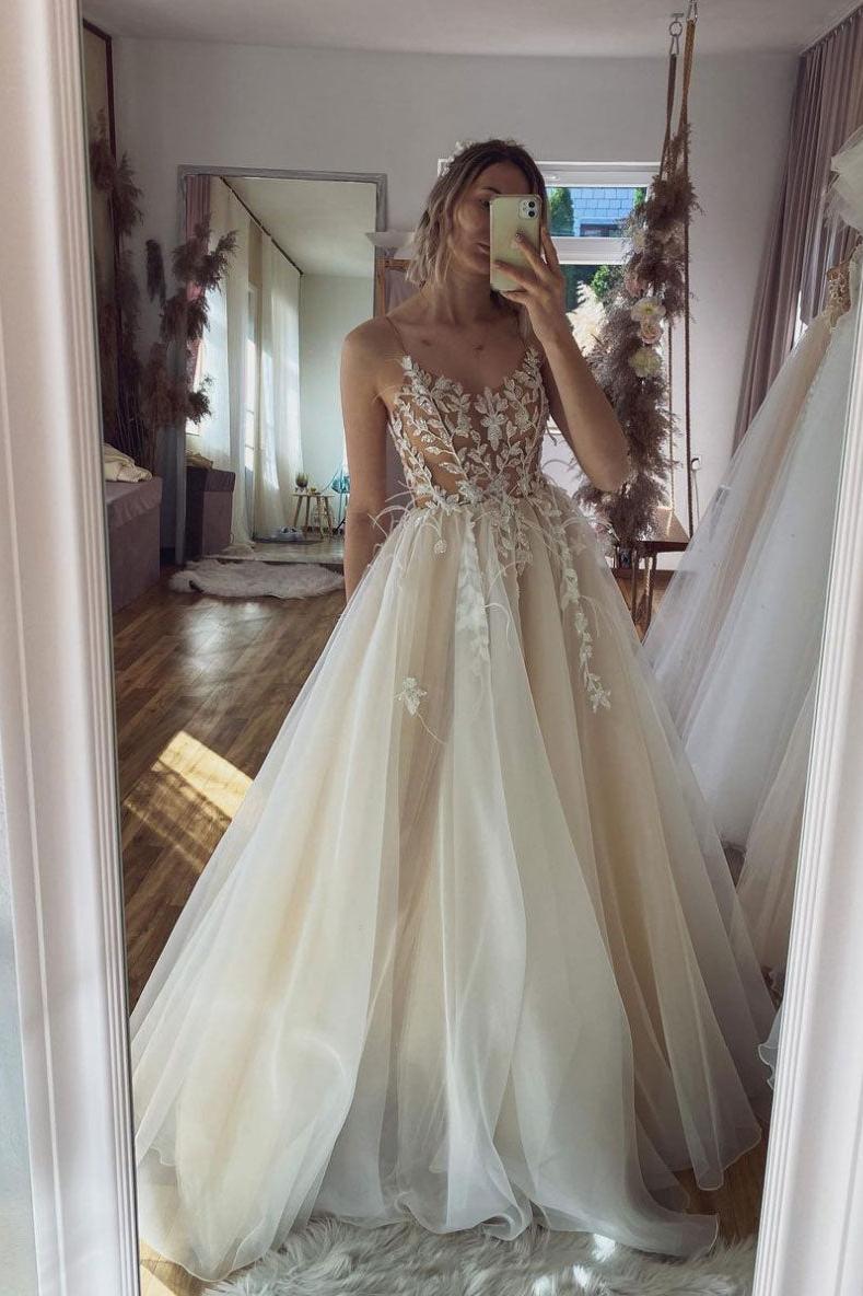 Champagne Prom Dress Tulle Lace Long Evening Dress