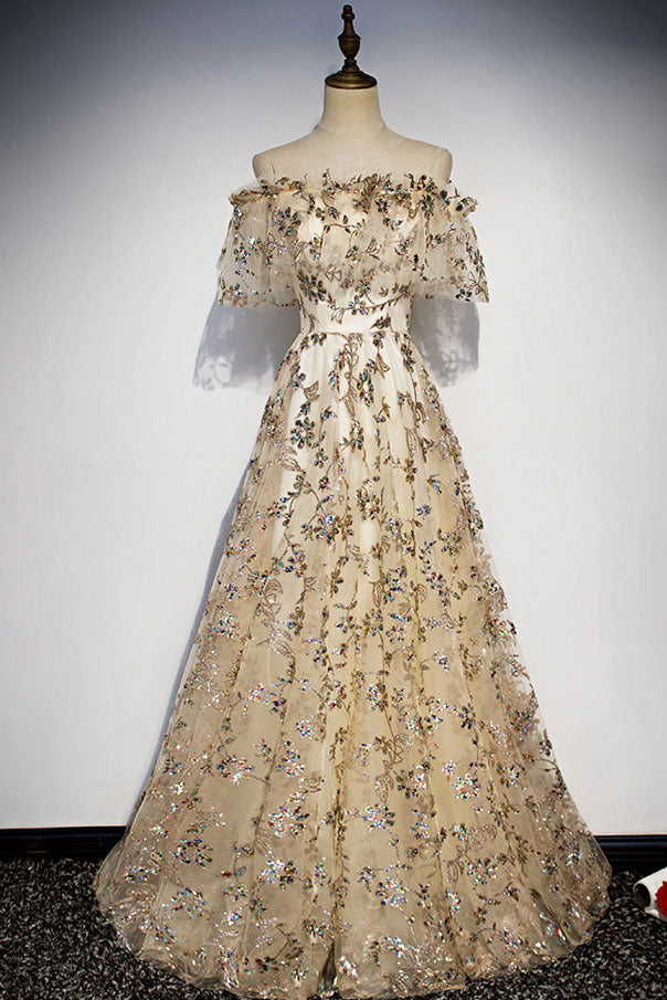 Champagne Prom Dress Tulle Lace Long Evening Dress