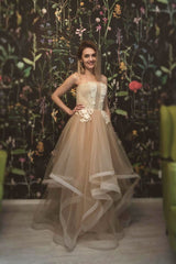 Champagne Prom Dress Tulle Lace Long Evening Gown Evening Dress