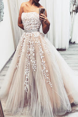 Champagne Prom Dress Tulle Lace Long Evening Gown Evening Dress
