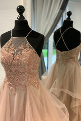 Champagne Prom Dress Tulle Lace Long Formal Dress Evening Dress