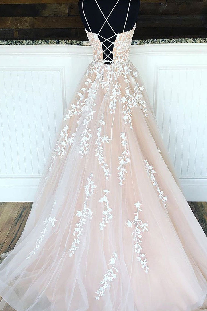 Champagne Prom Dress Tulle Lace Long Formal Evening Dress