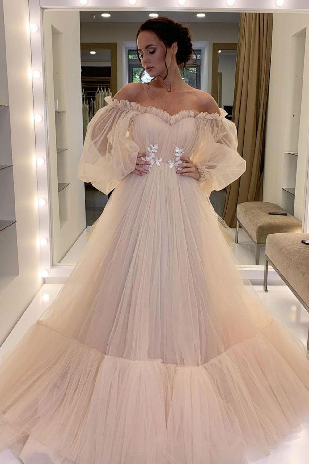 Champagne Prom Dress Tulle Lace Long Formal Evening Dress