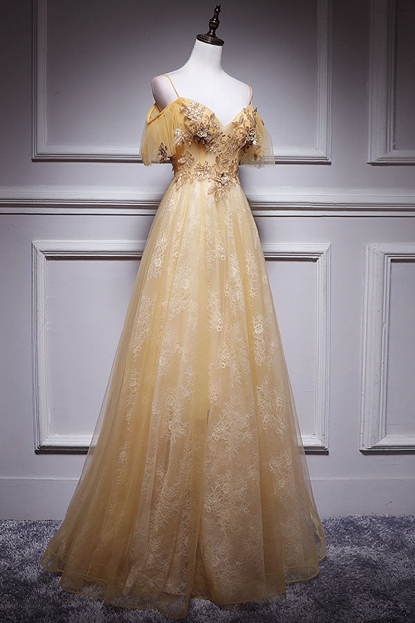 Champagne Prom Dress Tulle Lace Long Formal Gown Evening Dress