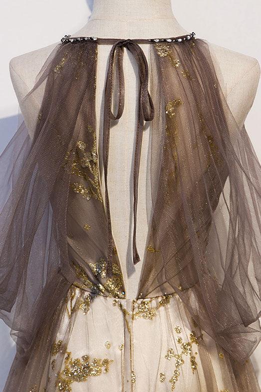 Gold Prom Dress Tulle Lace Long Formal Gown Evening Dress