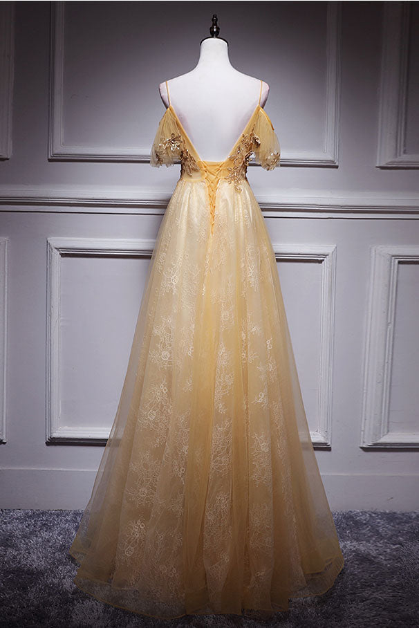 Champagne Prom Dress Tulle Lace Long Formal Gown Evening Dress