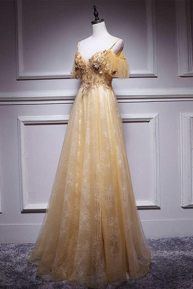 Champagne Prom Dress Tulle Lace Long Formal Gown Evening Dress