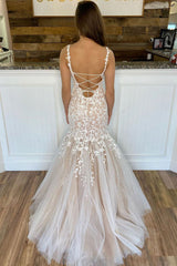 Champagne Prom Dress Tulle Lace Mermaid Long Formal Evening Dress