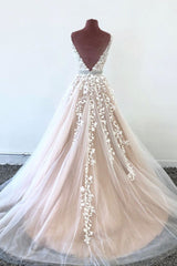 Champagne Prom Dress Tulle Lace V Neck Long Formal Dress Evening Dress