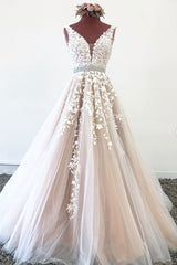 Champagne Prom Dress Tulle Lace V Neck Long Formal Dress Evening Dress