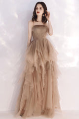 Champagne Prom Dress Tulle Long Formal Dress Evening Dress