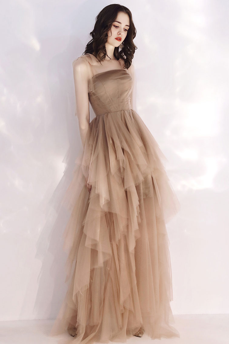 Champagne Prom Dress Tulle Long Formal Dress Evening Dress