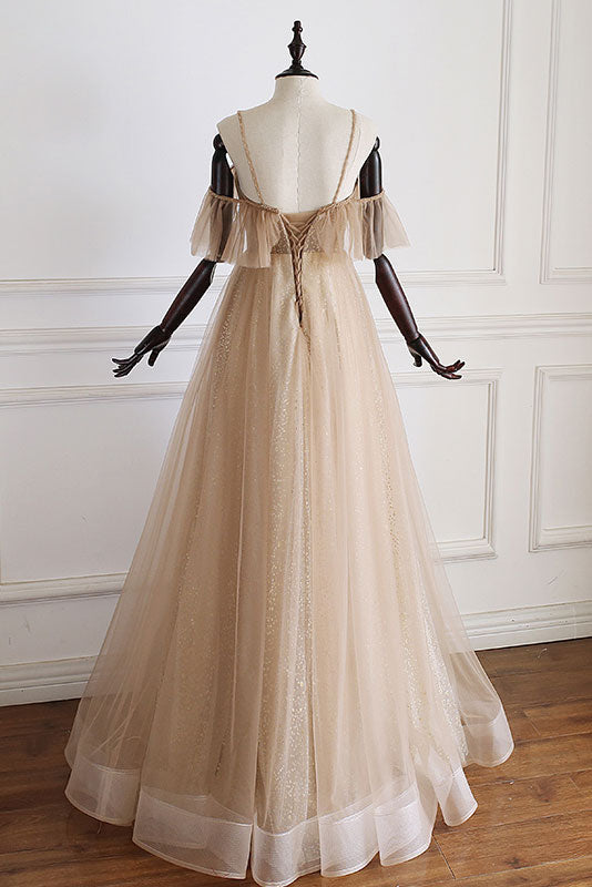 Champagne Prom Dress Tulle Off the Shoulder Long Formal Evening Dress