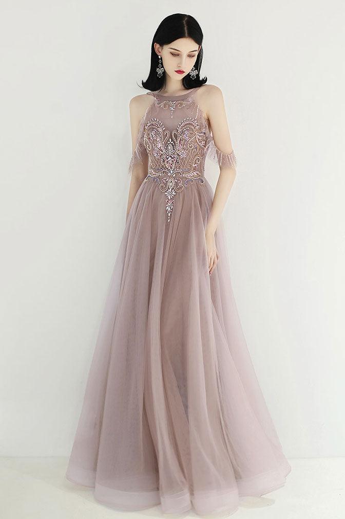 Champagne Prom Dress Tulle Sequin Beaded Long Evening Dress