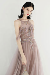 Champagne Prom Dress Tulle Sequin Beaded Long Evening Dress