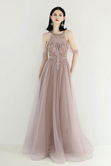 Champagne Prom Dress Tulle Sequin Beaded Long Evening Dress