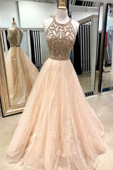 Champagne Prom Dress Tulle Sequin Beaded Long Formal Gown Evening Dress
