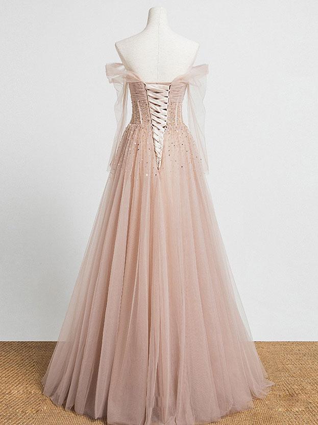 Champagne Prom Dress Tulle Sequin Long Formal Dress Evening Dress