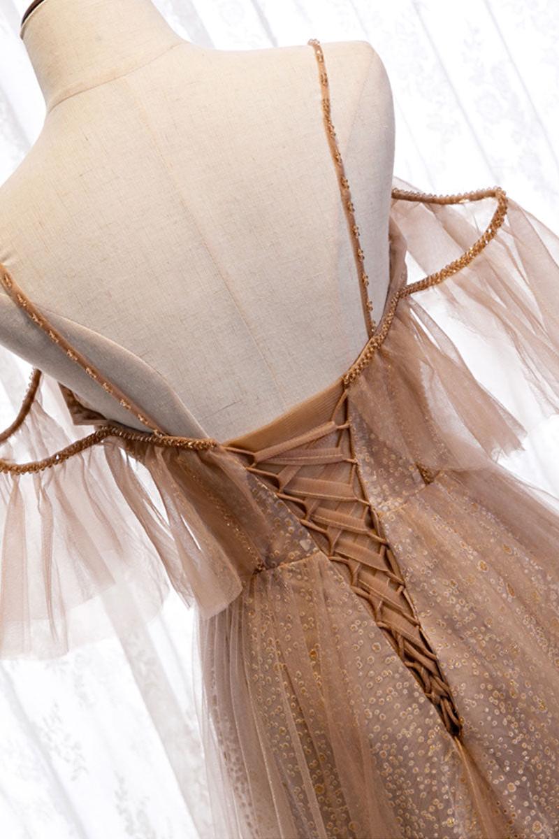 Champagne Prom Dress Tulle Sequin Long Formal Dress Evening Dress