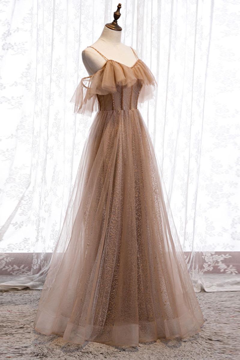 Champagne Prom Dress Tulle Sequin Long Formal Dress Evening Dress