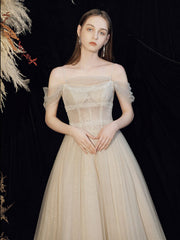 Champagne Prom Dress Tulle Sequin Long Formal Gown Evening Dress
