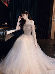 Champagne Prom Dress Tulle Sequin Long Formal Gown Evening Dress