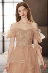 Champagne Prom Dress Tulle Sequin Long Formal Gown Evening Dress