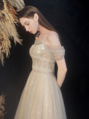 Champagne Prom Dress Tulle Sequin Long Formal Gown Evening Dress