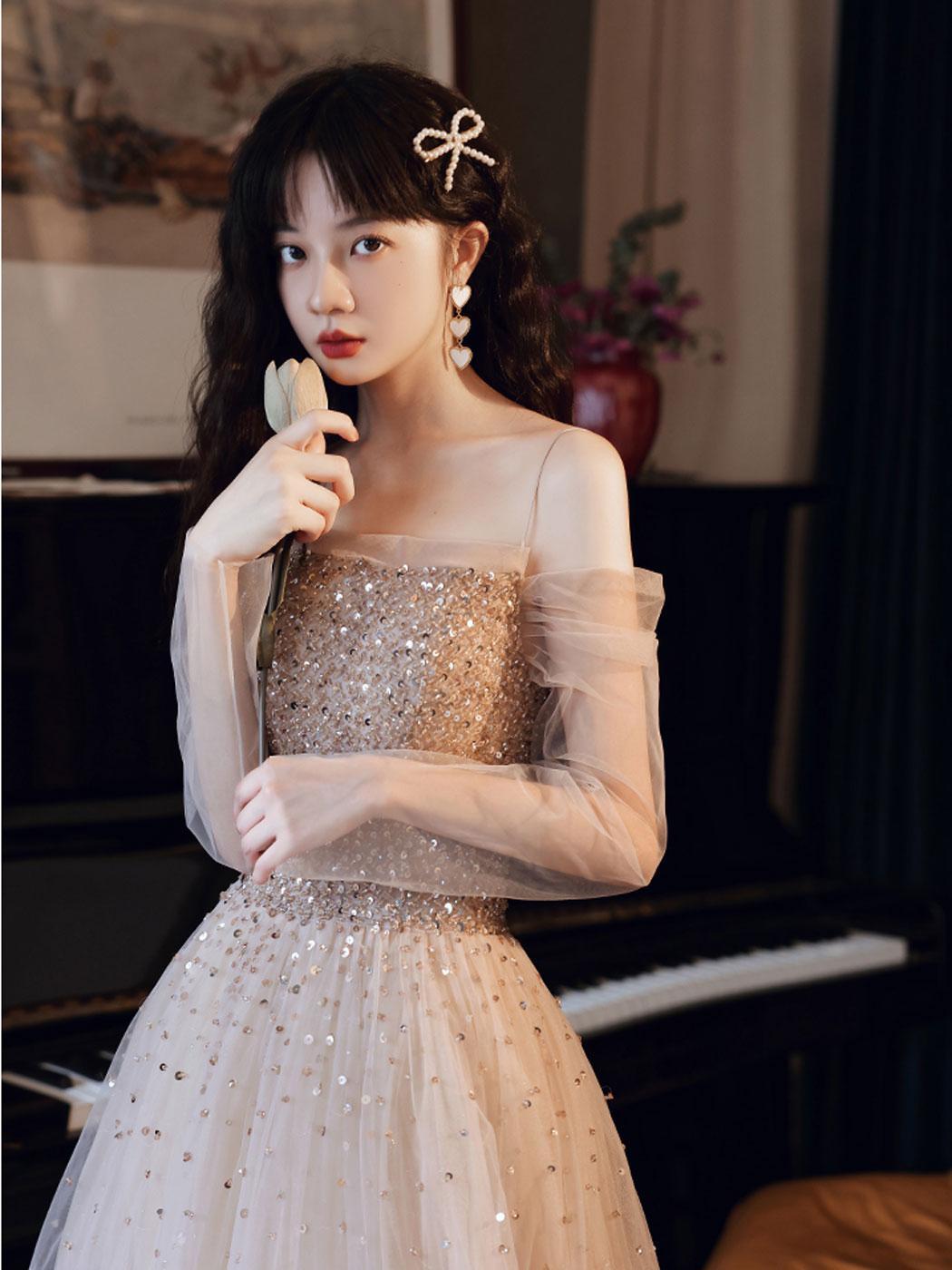 Champagne Prom Dress Tulle Sequin Long Formal Gown Evening Dress