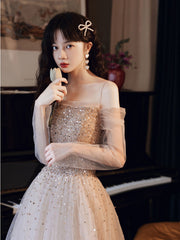 Champagne Prom Dress Tulle Sequin Long Formal Gown Evening Dress