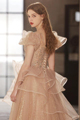 Champagne Prom Dress Tulle Sequin Long Formal Gown Evening Dress