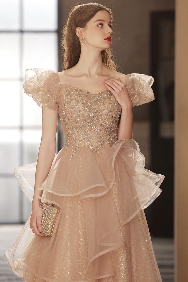 Champagne Prom Dress Tulle Sequin Long Formal Gown Evening Dress