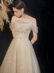 Champagne Prom Dress Tulle Sequin Long Formal Gown Evening Dress