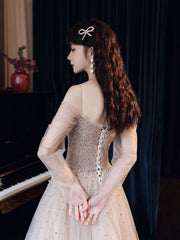 Champagne Prom Dress Tulle Sequin Long Formal Gown Evening Dress