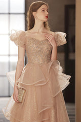 Champagne Prom Dress Tulle Sequin Long Formal Gown Evening Dress