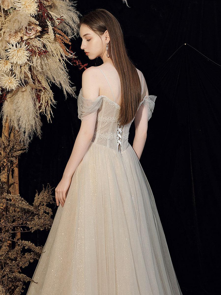 Champagne Prom Dress Tulle Sequin Long Formal Gown Evening Dress