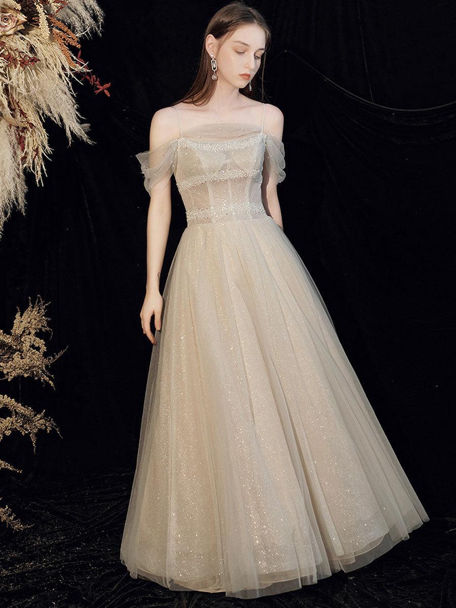 Champagne Prom Dress Tulle Sequin Long Formal Gown Evening Dress