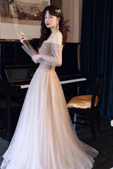 Champagne Prom Dress Tulle Sequin Long Formal Gown Evening Dress