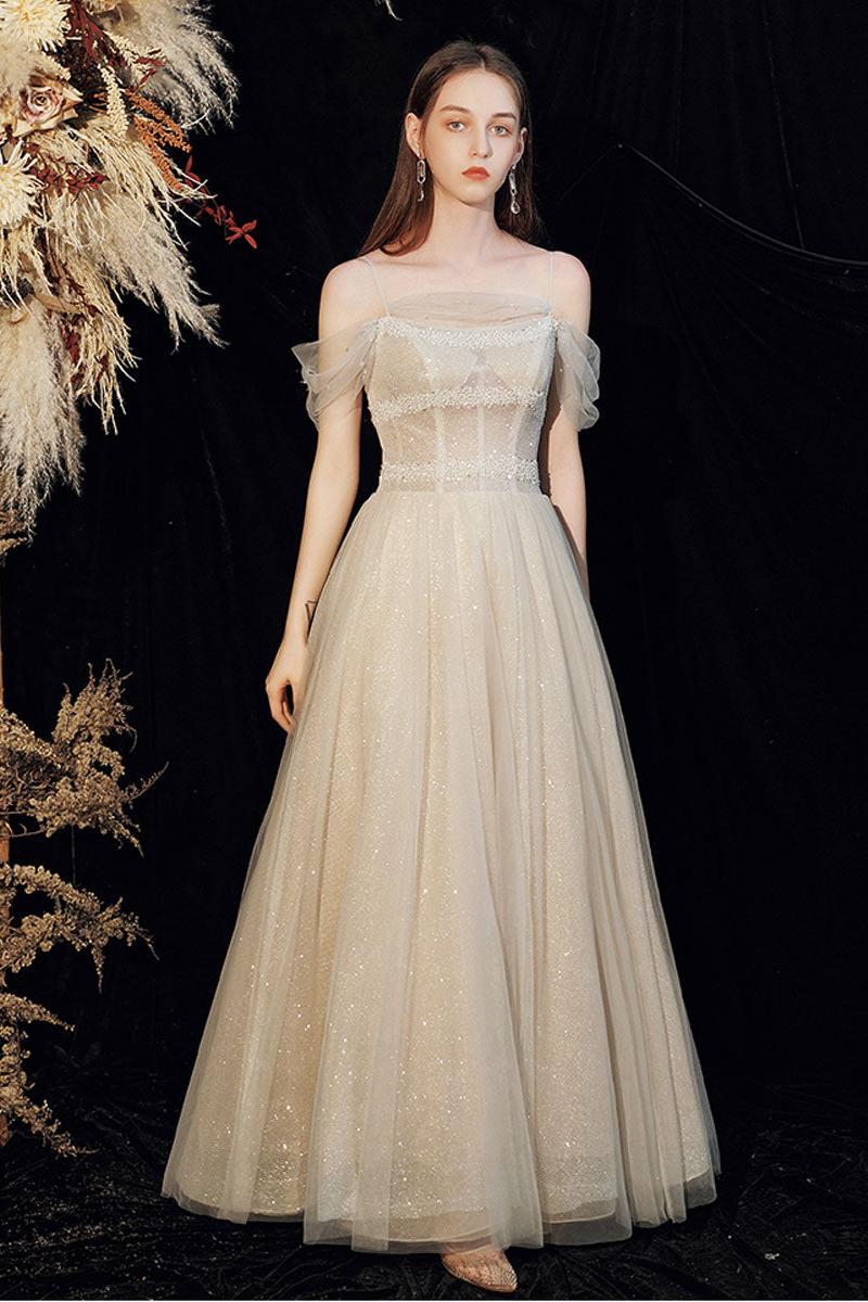 Champagne Prom Dress Tulle Sequin Long Formal Gown Evening Dress