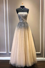Champagne Prom Dress Tulle Sequin Long Formal Gown Evening Dress