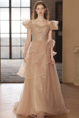 Champagne Prom Dress Tulle Sequin Long Formal Gown Evening Dress