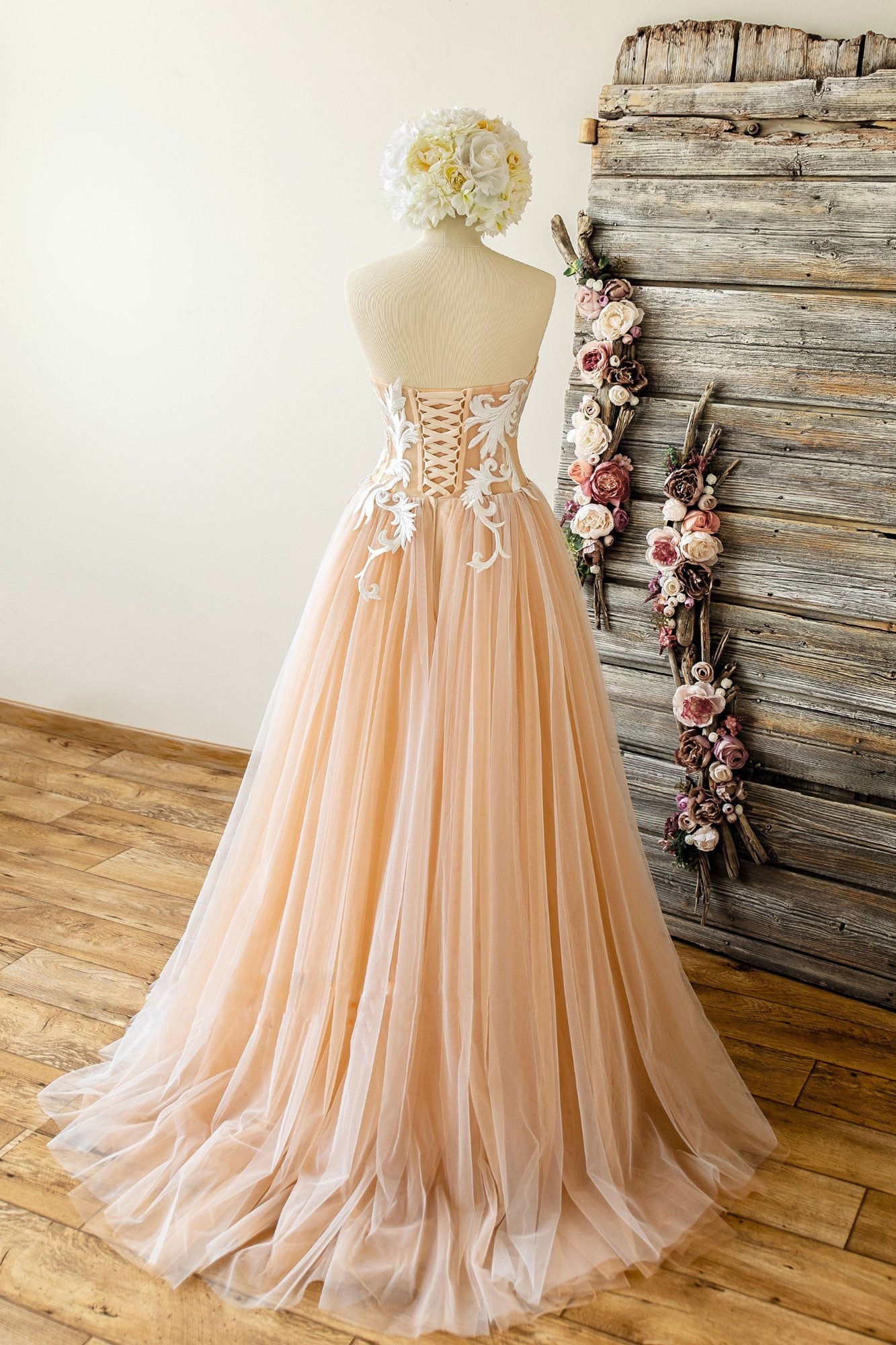 Champagne Prom Dress Tulle Sweetheart Lace Long Formal Dress Evening Dress