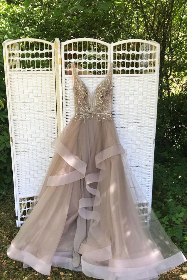 Champagne Prom Dress V Neck Beaded Tulle Long Evening Dress