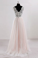 Champagne Prom Dress V Neck Lace Tulle Long Evening Dress