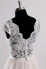 Champagne Prom Dress V Neck Lace Tulle Long Evening Dress